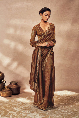 Brown Madakal Tissue Sari And Blouse by House Of Masaba, available on Indiaspopup.com