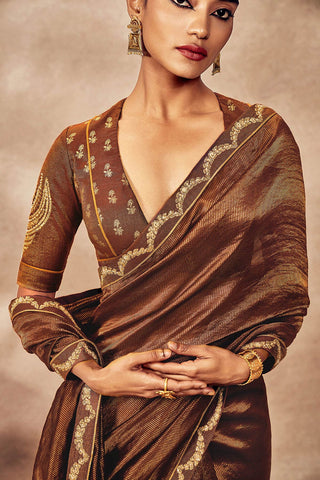 Brown Madakal Tissue Sari And Blouse by House Of Masaba, available on Indiaspopup.com