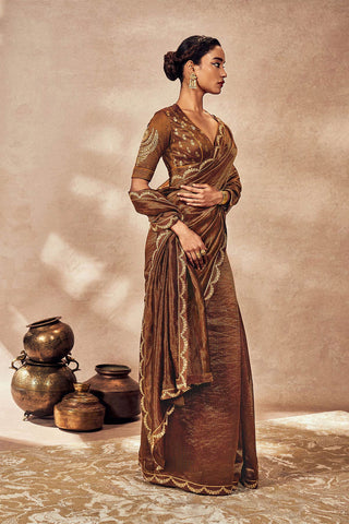 Brown Madakal Tissue Sari And Blouse by House Of Masaba, available on Indiaspopup.com