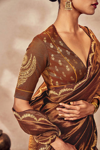 Brown Madakal Tissue Sari And Blouse by House Of Masaba, available on Indiaspopup.com