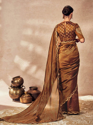 Brown Madakal Tissue Sari And Blouse by House Of Masaba, available on Indiaspopup.com