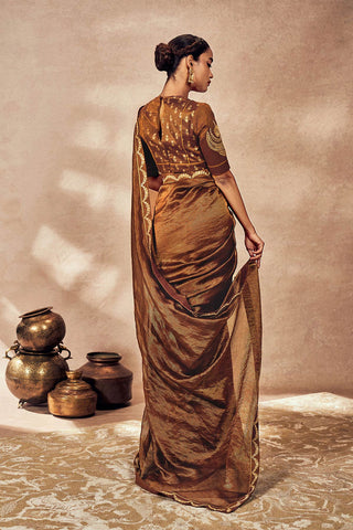Brown Madakal Tissue Sari And Blouse by House Of Masaba, available on Indiaspopup.com