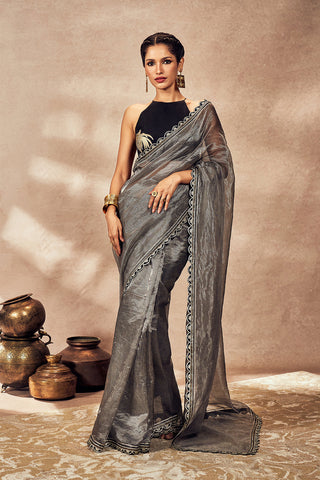 Black Striped Zari Sari And Blouse by House Of Masaba, available on Indiaspopup.com