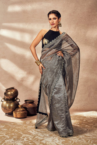 Black Striped Zari Sari And Blouse by House Of Masaba, available on Indiaspopup.com