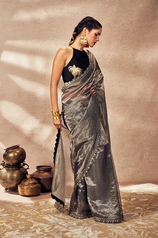 Black Striped Zari Sari And Blouse by House Of Masaba, available on Indiaspopup.com