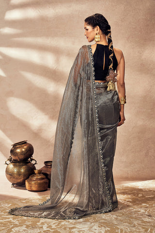 Black Striped Zari Sari And Blouse by House Of Masaba, available on Indiaspopup.com