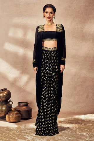 Black Pixie Dust Skirt And Jacket Set by House Of Masaba, available on Indiaspopup.com
