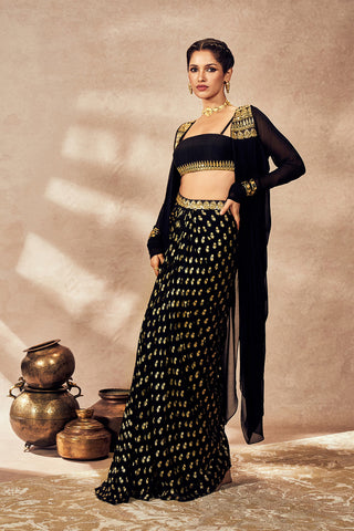 Black Pixie Dust Skirt And Jacket Set by House Of Masaba, available on Indiaspopup.com