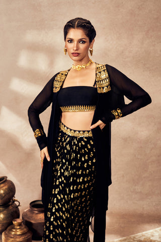 Black Pixie Dust Skirt And Jacket Set by House Of Masaba, available on Indiaspopup.com