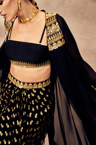 Black Pixie Dust Skirt And Jacket Set by House Of Masaba, available on Indiaspopup.com