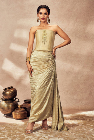Beige Pixie Dust Corset With Draped Skirt And Sash by House Of Masaba, available on Indiaspopup.com