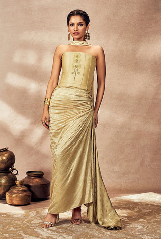 Beige Pixie Dust Corset With Draped Skirt And Sash by House Of Masaba, available on Indiaspopup.com