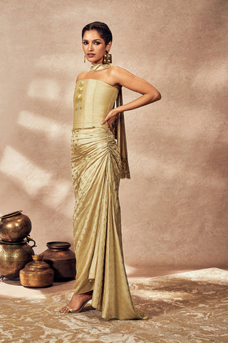 Beige Pixie Dust Corset With Draped Skirt And Sash by House Of Masaba, available on Indiaspopup.com