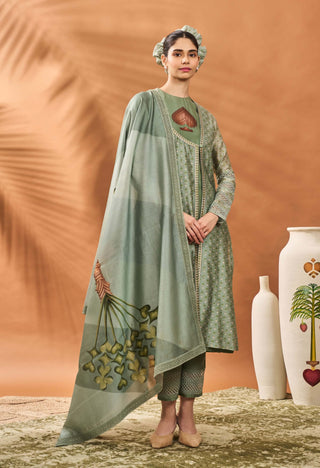 Sage Green Tree Of Hearts Angrakha Kurta And Sharara Set by House Of Masaba available on Indiaspopup.com
