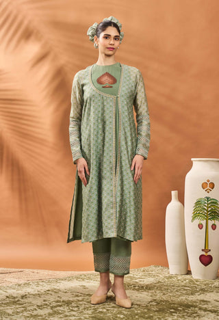 Sage Green Tree Of Hearts Angrakha Kurta And Sharara Set by House Of Masaba available on Indiaspopup.com