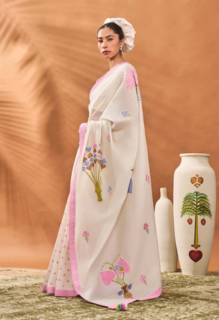 Ivory Floral Frame Sari And Blouse by House Of Masaba available on Indiaspopup.com