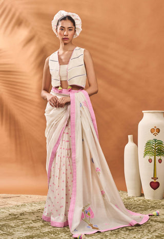 Ivory Floral Frame Sari And Blouse by House Of Masaba available on Indiaspopup.com