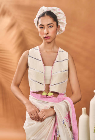 Ivory Floral Frame Sari And Blouse by House Of Masaba available on Indiaspopup.com