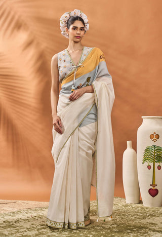 Ivory Stripe Garden Grid Sari And Blouse by House Of Masaba available on Indiaspopup.com