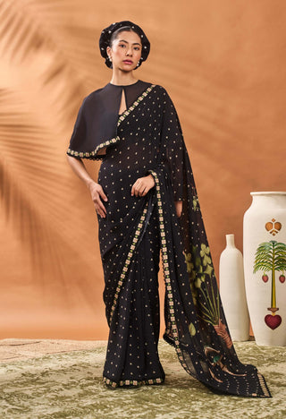 Black Striped All Fours Sari And Cape Set by House Of Masaba available on Indiaspopup.com