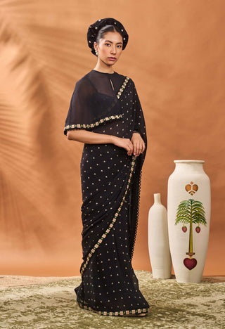 Black Striped All Fours Sari And Cape Set by House Of Masaba available on Indiaspopup.com