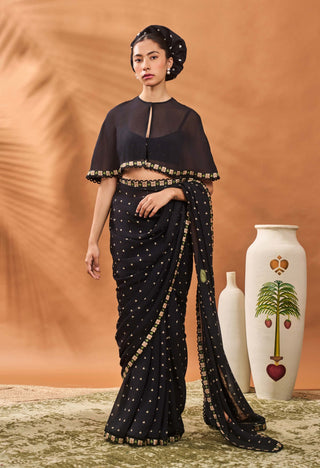 Black Striped All Fours Sari And Cape Set by House Of Masaba available on Indiaspopup.com