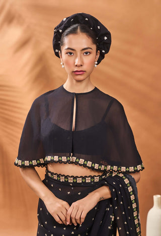 Black Striped All Fours Sari And Cape Set by House Of Masaba available on Indiaspopup.com