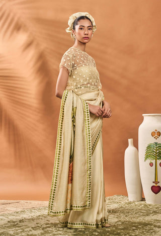 Sage Green Striped All Fours Sari And Blouse by House Of Masaba available on Indiaspopup.com