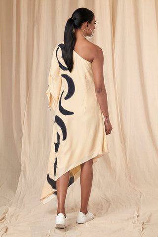 House Of Masaba-Ivory Mooncrest One Shoulder Dress-INDIASPOPUP.COM