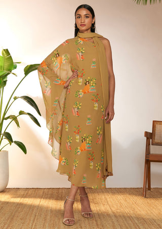 Tan one shoulder kaftan