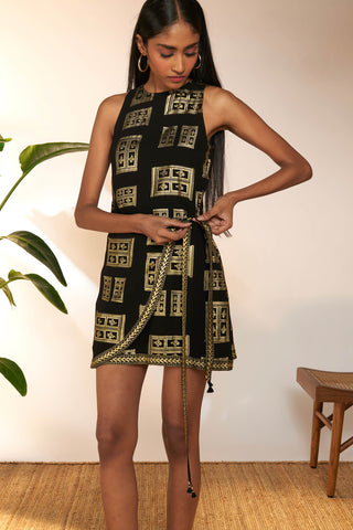 Black Open Door Foil Mini Wrap Dress by House Of Masaba available on Indiaspopup.com