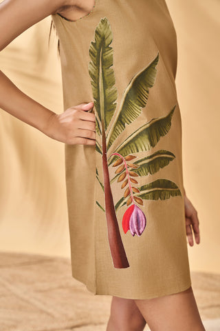 Beige trellis palm mini dress