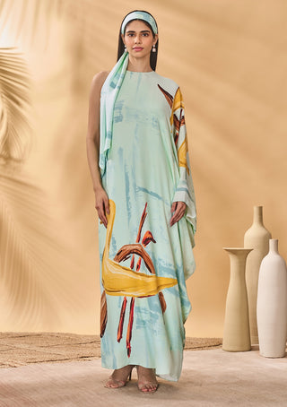 Blue feathered asymmetrical kaftan