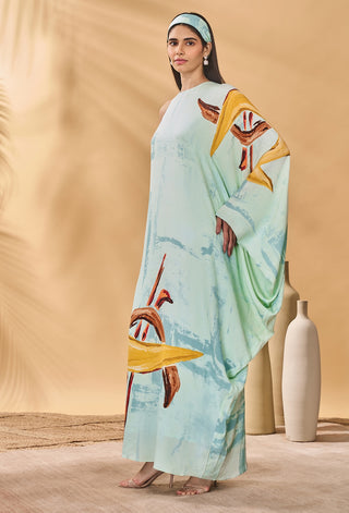 Blue feathered asymmetrical kaftan