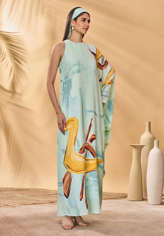 Blue feathered asymmetrical kaftan