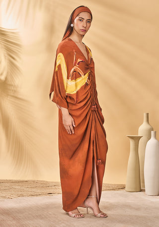 Brown feathered cinched kaftan