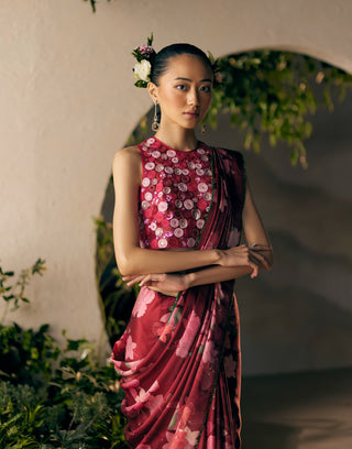 Wine Print Scarlet Floral Sari And Crop Top by Madzin available on Indiaspopup.com
