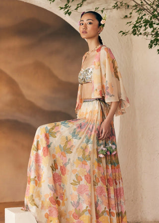 Beige Green Print Sumur Skirt And Cape Set by Madzin available on Indiaspopup.com