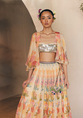 Beige Green Print Sumur Skirt And Cape Set by Madzin available on Indiaspopup.com