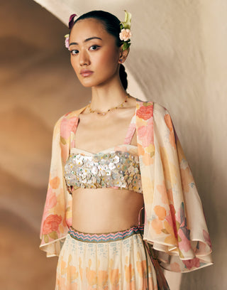 Beige Green Print Sumur Skirt And Cape Set by Madzin available on Indiaspopup.com