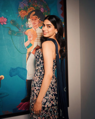 Navy blue caradonna off-shoulder top and sharara set