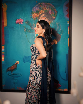 Navy blue caradonna off-shoulder top and sharara set