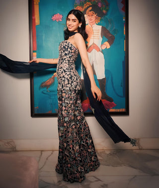 Navy blue caradonna off-shoulder top and sharara set