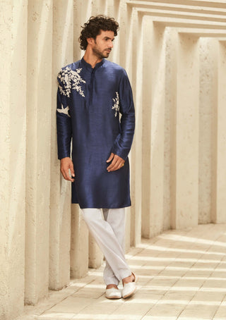 Matsya Men-Navy Heritage Noir Kurta And Pants-INDIASPOPUP.COM