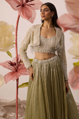 Mayflower Mint Green Lehenga And Jacket Set by Roqa available on Indiaspopup.com