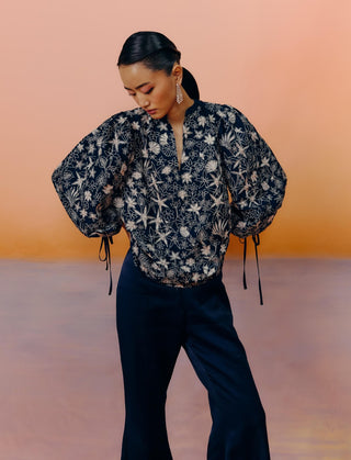 Yuan navy blue top and flared pants