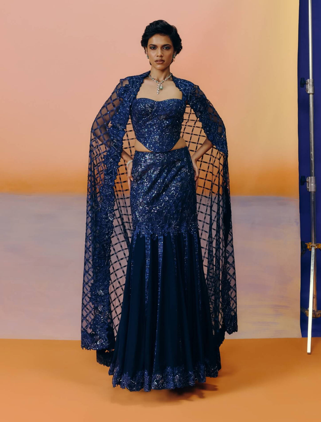 Mimi navy blue skirt and cape set