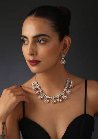 Swabhimann Jewellery-Blue Rose Gold Tone Polki Necklace And Earring Set-INDIASPOPUP.COM