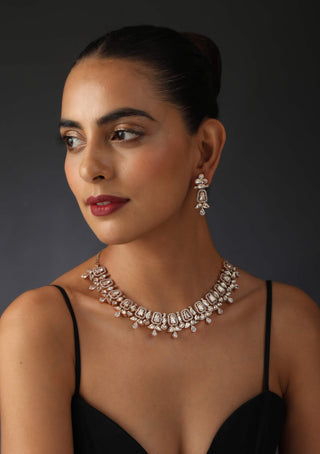 Swabhimann Jewellery-White Rose Polki Necklace And Earring Set-INDIASPOPUP.COM