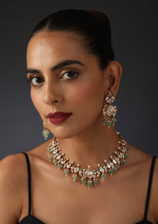 Swabhimann Jewellery-Green Gold Tone Polki Necklace And Earring Set-INDIASPOPUP.COM
